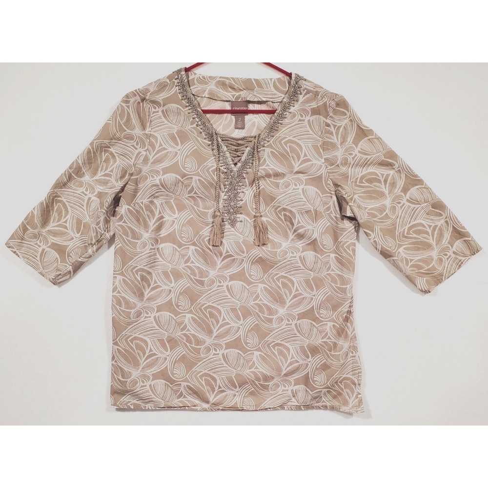 Chicos Floral Top Swirl Embellished Size 2 Lace-Up Beige with Drawstring Tassels